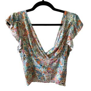 NWT O'Neill Juniors' Bonnie Printed Flutter-Sleeve Smocked-Back Top Medium